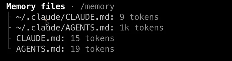 「和」模式下 /context all 的 Memory files：两份全局文件，加上项目里的 CLAUDE.md 和 AGENTS.md