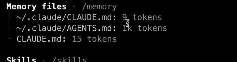「或」模式下 /context all 的 Memory files 只剩 3 个文件，项目 AGENTS.md 不在其中